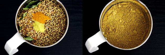 Collage of 2 images showing roasted stuff in a grinder with turmeric and hing and ground powder.