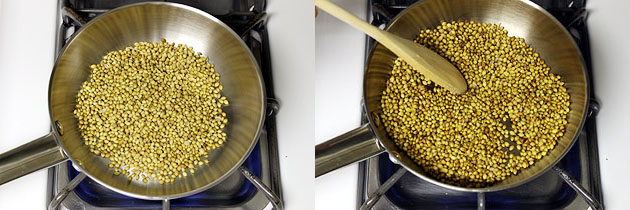 Collage of 2 images showing roasting coriander seeds.