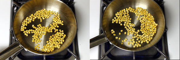 Collage of 2 images showing roasting chana dal.