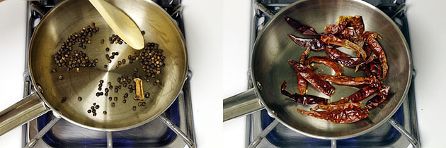Collage of 2 images showing roasting peppercorns, cinnamon and dried chilies.