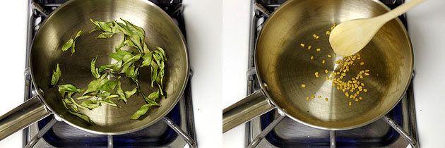 Collage of 2 images showing roasting curry leaves and methi dana.