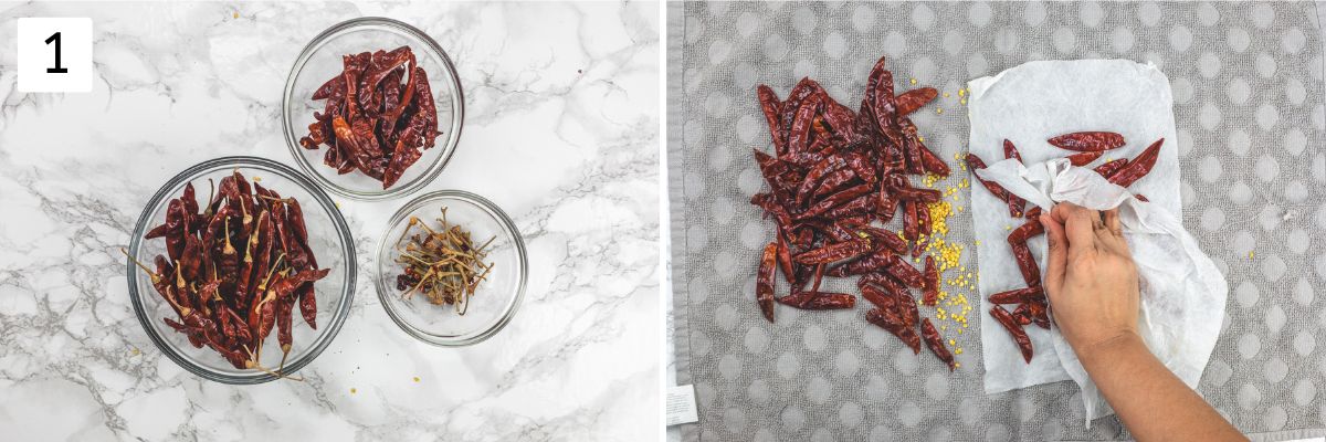 Collage of 2 images showing removing stems and wiping dried chilies.