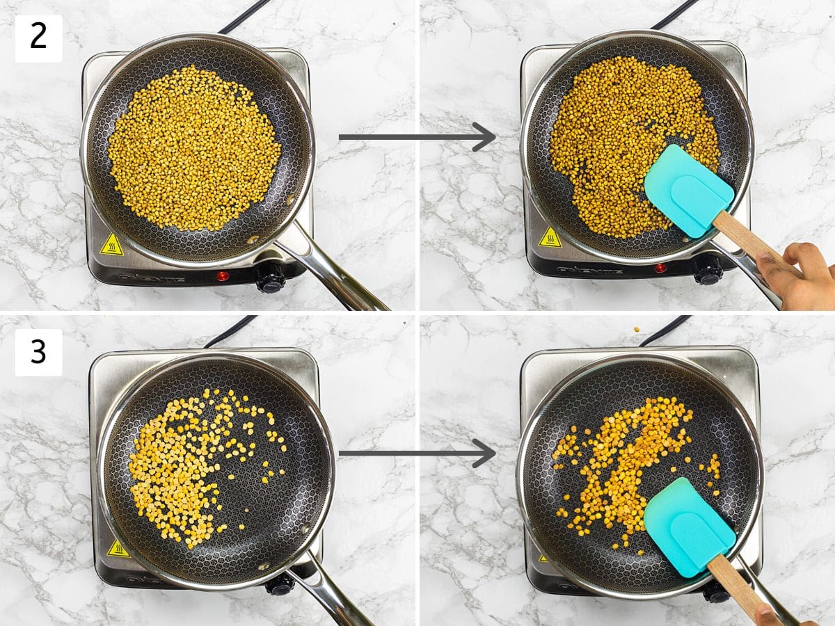 Collage of 4 images showing dry roasting coriander seeds and toor dal.