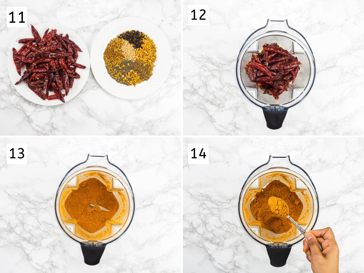 Collage of 4 images showing roasted spices in plates, transferred to blender and ground to a fine powder.