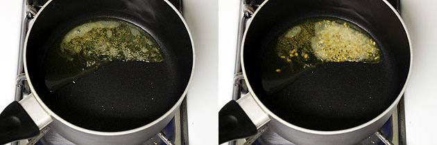 Collage of 2 images showing tempering of mustard seeds and cumin seeds.