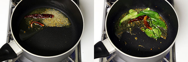 Collage of 2 images showing adding dried chili and curry leaves, green chilies in the tempering. 