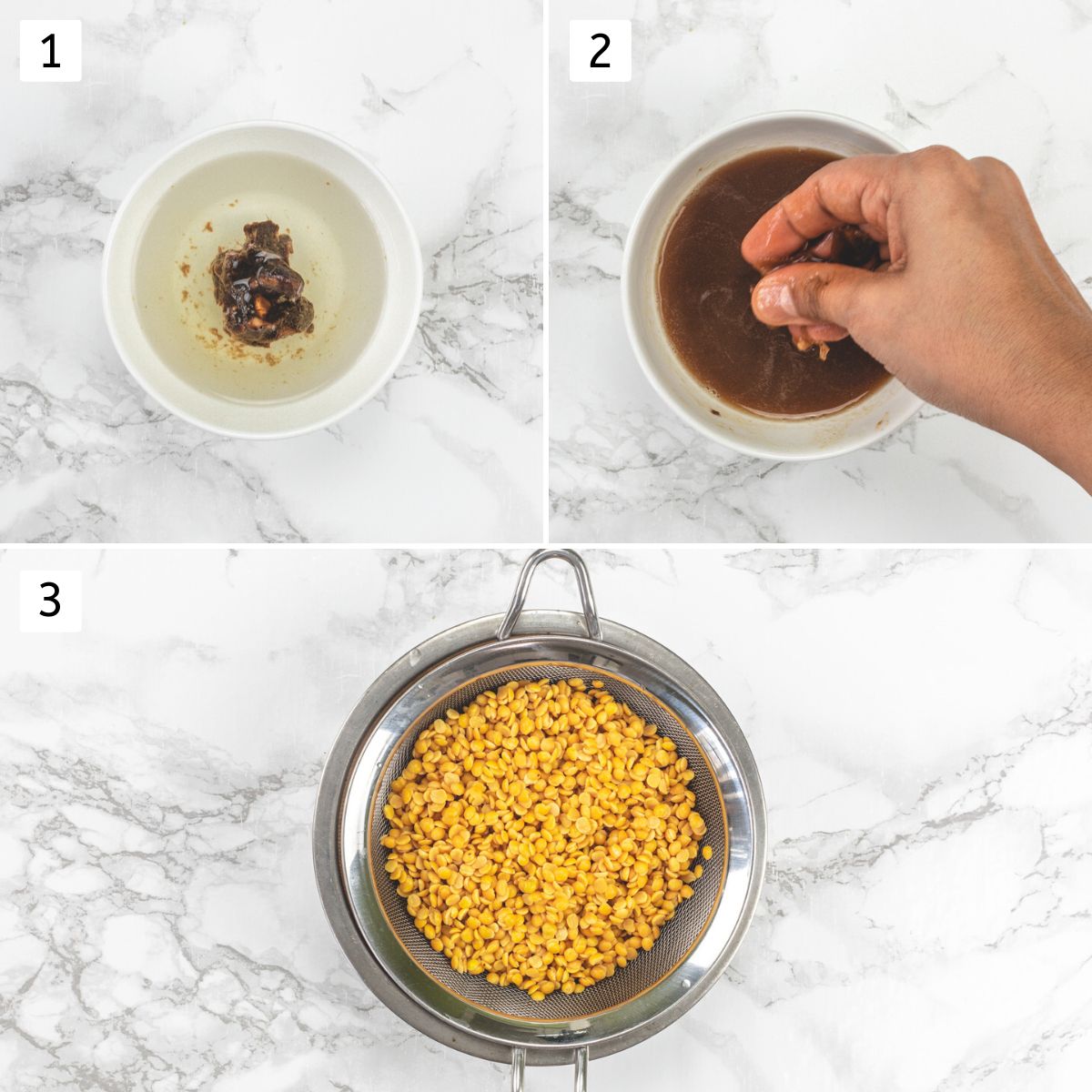 Collage of 3 images showing soaked tamarind in water, squeezing the tamarind and lentils in a strainer.