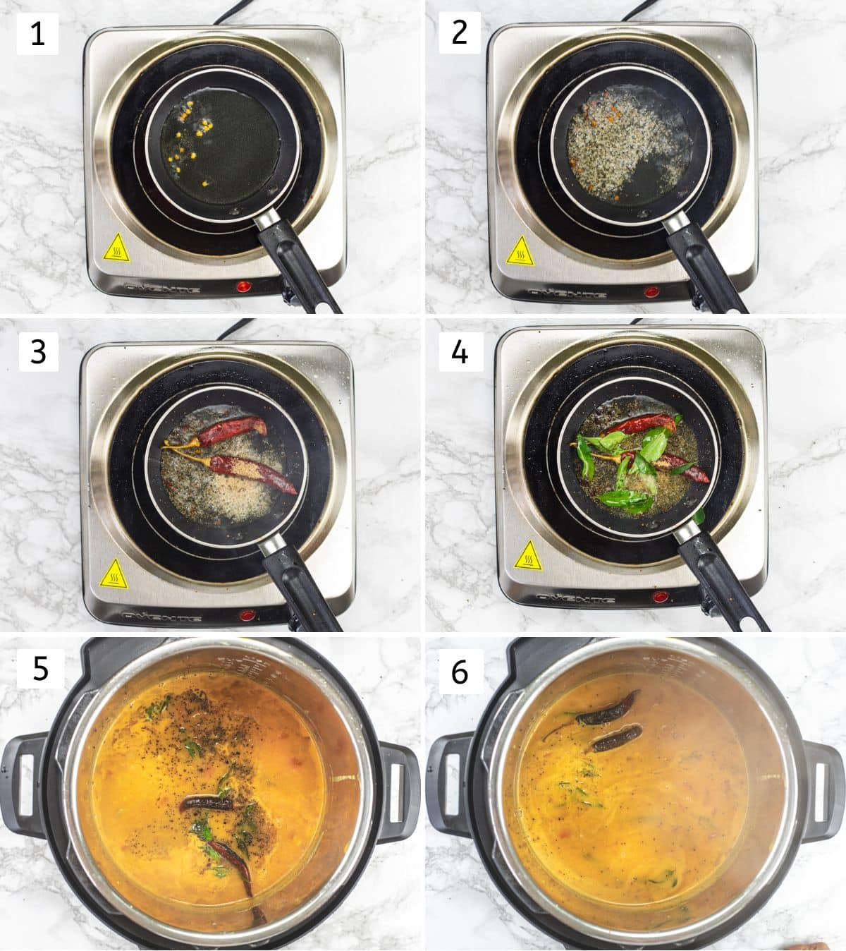 Collage of 6 images showing making tempering and adding to sambar and mixed.