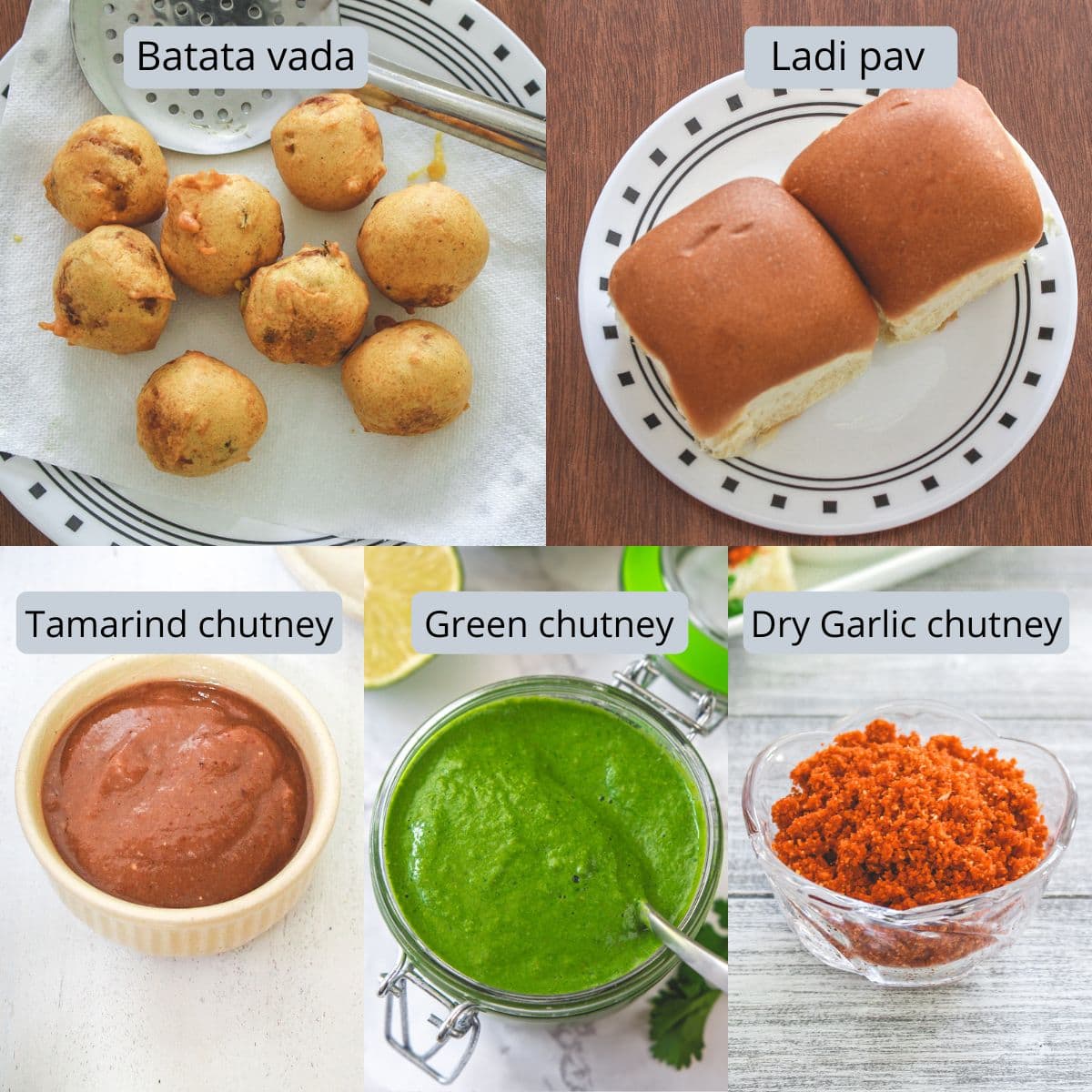 Collage of 5 images showing batata vada, pav, meethi chutney, green chutney, and garlic chutney.