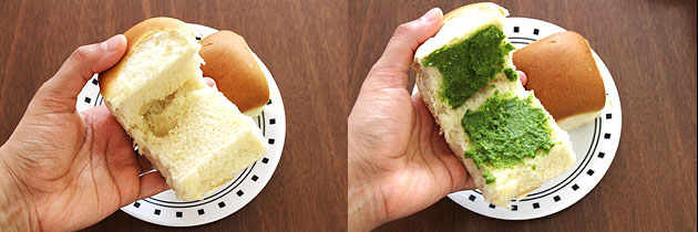 applying cilantro chutney on slit pav