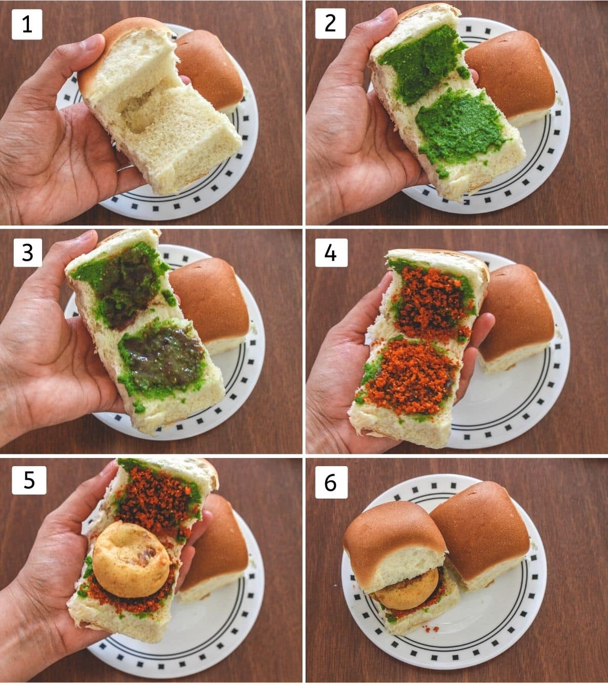 Collage of 6 images showing open pav, spreading 3 chutneys, placing vada and closing the bun.