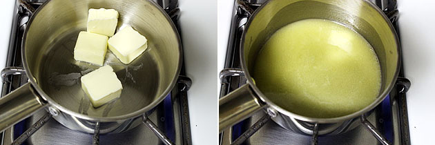 Collage of 2 images showing butter in a saucepan and melted.