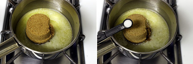 Collage of 2 images showing adding brown sugar and salt.