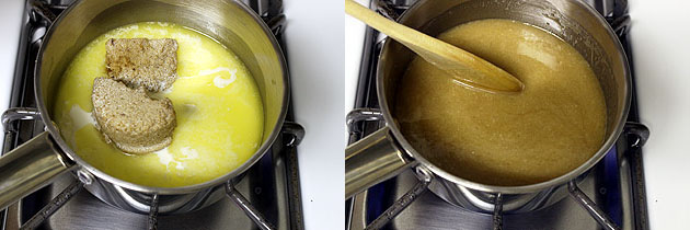 Collage of 2 images showing adding milk and mixing.