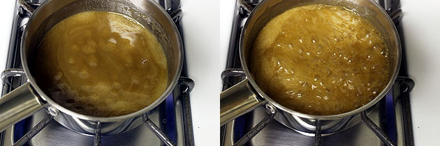 Collage of 2 images showing simmering the sauce.