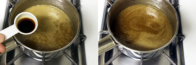 Collage of 2 images showing adding vanilla extract and mixed.