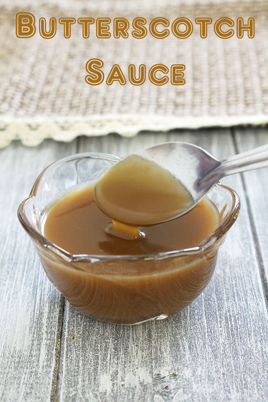 Spoonful of butterscotch sauce is drizzled. 