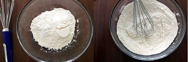 Collage of 2 images showing dry flour mixture.