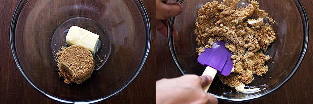 Collage of 2 images showing butter, sugar in a bowl and mashing with spatula.