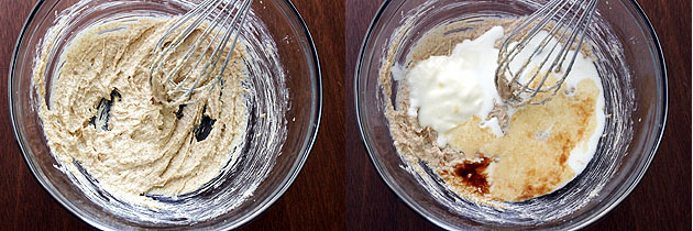 Collage of 2 images showing beating butter, sugar with whisk and adding wet ingredients.