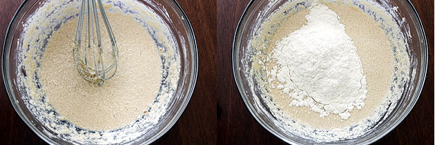 Collage of 2 images showing wet mixture and adding dry flour.