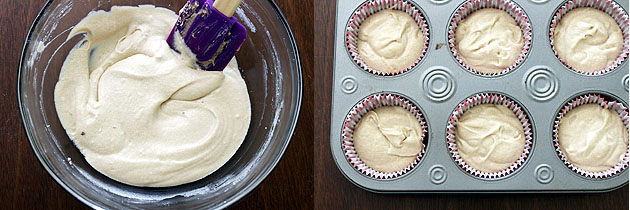Collage of 2 images showing cupcake batter and divided into the cupcake pan.