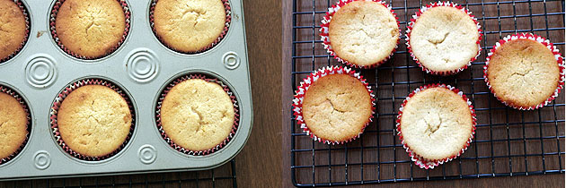 Collage of 2 images showing baked cupcakes and on a cooling rack.