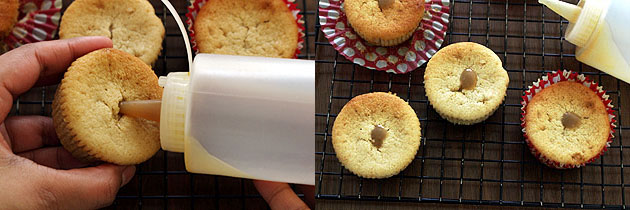 Collage of 2 images showing squeezing butterscotch sauce in the cupcake.