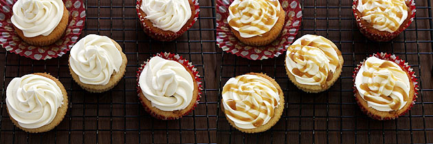 Collage of 2 images showing piping frosting on top.