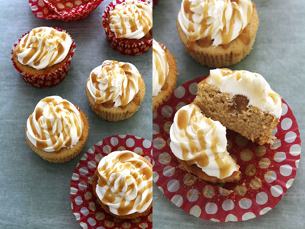 Eggless butterscotch cupcake cut open in half.