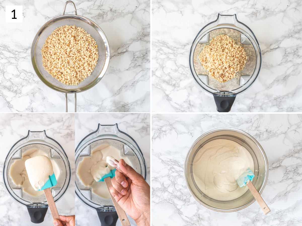 Collage of 4 images showing draining water from lentils, grinding into blender and transfer to a bowl.