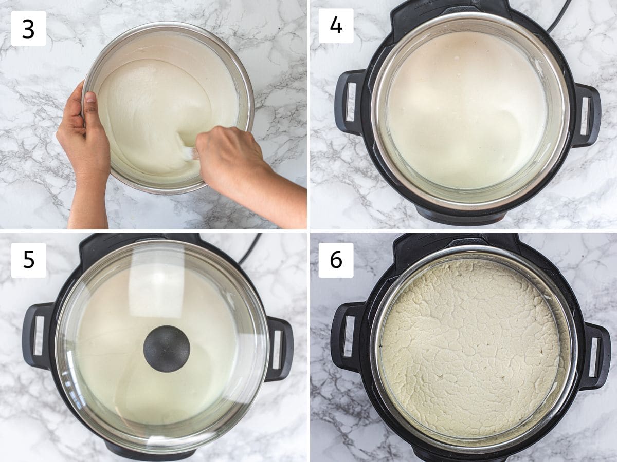 Collage of 4 images showing mixing batter, cover with lid and fermented batter.