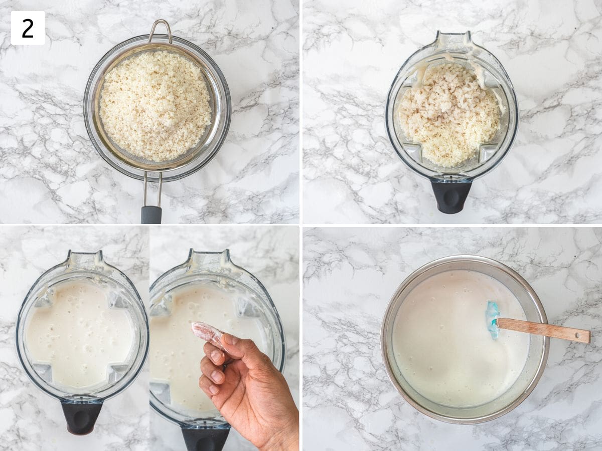 Collage of 4 images showing mixing batter, cover with lid and fermented batter.