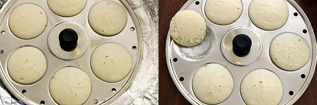 Collage of 2 images showing steamed idli and removed from the plate.