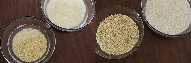 Collage of 2 images showing soaked dal, rice.