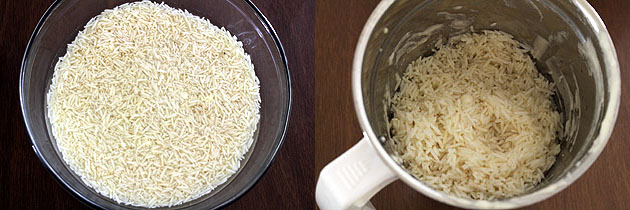 Collage of 2 images showing soaked rice and transfer to a grinder.