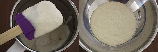 Collage of 2 images showing ground dal batter and removed to a bowl.