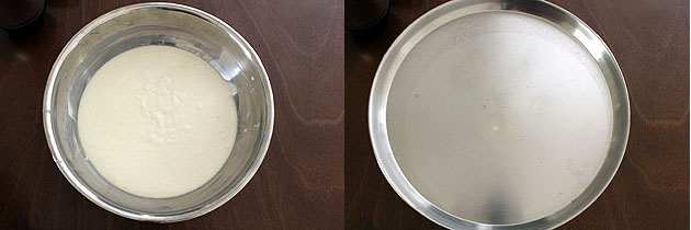 Collage of 2 images showing batter in a bowl and covered with a plate.