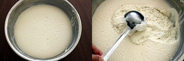 Collage of 2 images showing fermented batter and stirred with a spoon.