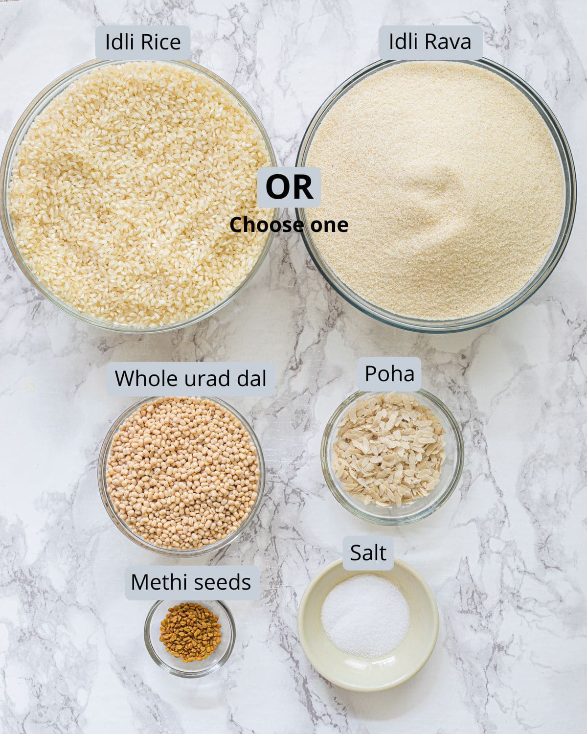 Idli recipe ingredients in bowls with labels.