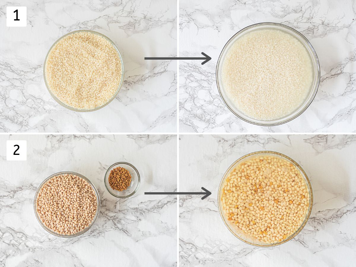 Collage of 4 images showing soaking rice and lentils in seperate bowl.