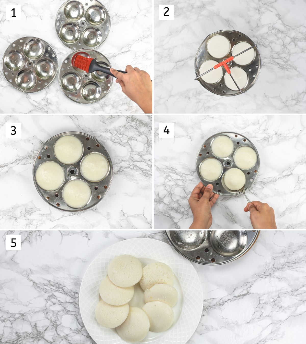 Collage of 5 images showing greasing idli plate, steaming idli and removing from mold.