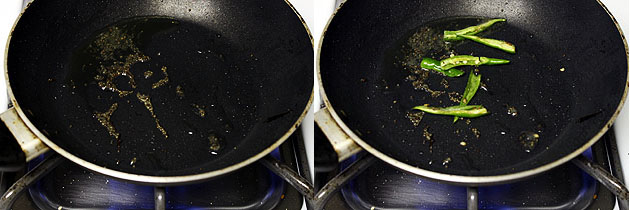 Collage of 2 images showing tempering of mustard seeds and green chili.