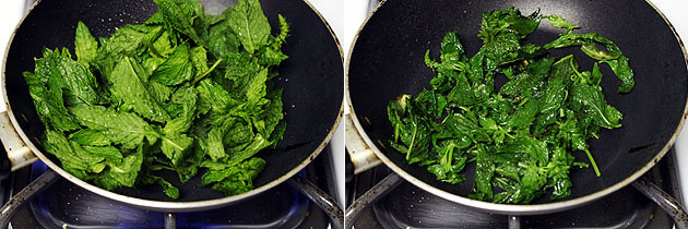 Collage of 2 images showing adding and cooking mint leaves.