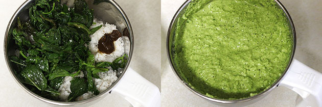 Collage of 2 images showing adding mint leaves, coconut and tamarind into the grinder and blended.
