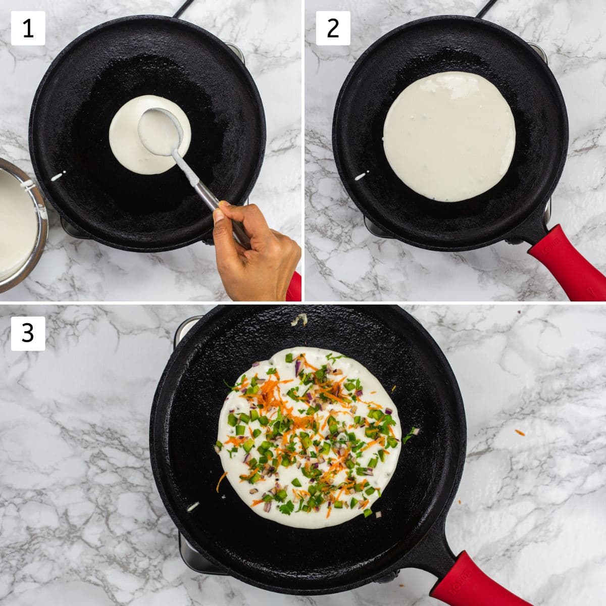 Collage of 3 images showing pouring and spreading batter and sprinkling veggies on top.