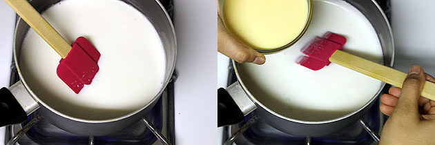 adding custard powder-milk to simmering milk