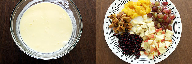 chopped fruits and custard sauce in a bowl