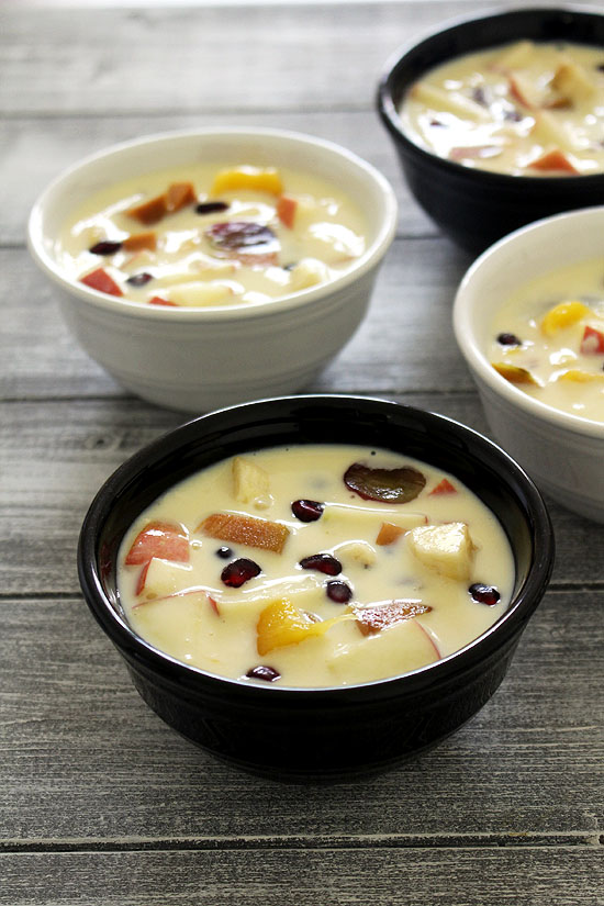 custard fruit salad in bowls.