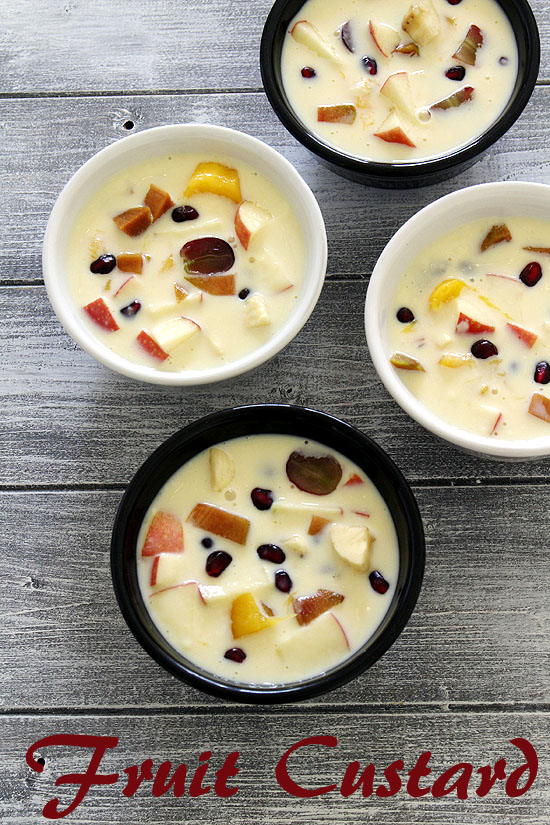 Fruit custard in 4 bowls.